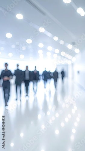 Wallpaper Mural A blurred perspective captures a group of individuals walking through a modern, brightly lit hallway with a reflective floor, suggesting a corporate or professional environment. Torontodigital.ca