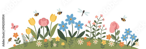 Whimsical Spring Garden with Flowers Bees and Butterflies