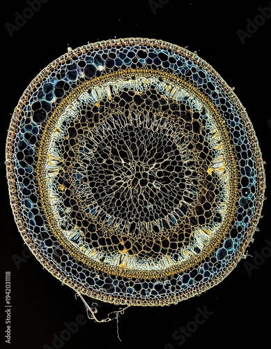 Wallpaper Mural A striking microscopic view reveals the intricate cellular structure of a plant stem, showcasing a complex network of tissues and air spaces against a stark black background. Torontodigital.ca