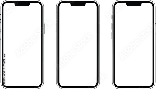 Dark smartphone mockups presenting empty white screens with various camera cutout designs