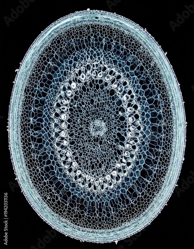 Wallpaper Mural A detailed microscopic cross-section reveals the intricate cellular structure of a plant stem, showcasing vascular bundles and parenchyma tissue against a stark black background. Torontodigital.ca