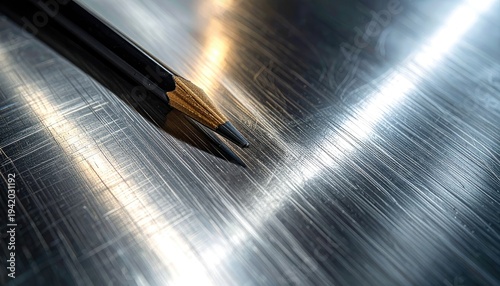 Wallpaper Mural A close-up shot showcases two sharpened pencils resting on a brushed metal surface, reflecting light and creating a textured, artistic composition. Torontodigital.ca