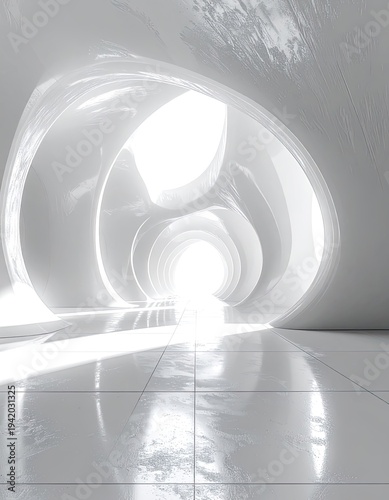 Wallpaper Mural A futuristic, minimalist interior showcases flowing white curves and a bright, ethereal light source, creating a sense of spaciousness and modern architectural design. Torontodigital.ca