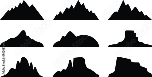 Diverse collection of black mountain peak silhouettes showcasing various rugged and sharp natural landscape formations