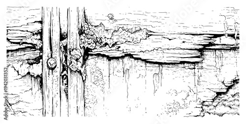 Detailed hand drawn illustration of old weathered wood planks with peeling texture