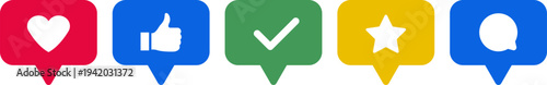 Thumbs up. Yes sign. Check mark symbols. Signs in green and red colored. Confirmation mark. Heart shape and star rating. Save icon. Vector