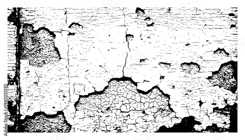 High contrast illustration of peeling plaster on a cracked old cement wall