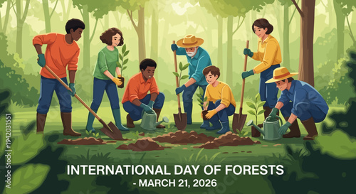 Three diverse people planting tree saplings, actively digging and watering in a vibrant, lush forest, illustrating teamwork