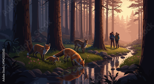 Red fox Vulpes vulpes family, including an adult and a small kit, emerges in a dark forest at tranquil dawn near a