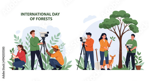 International Day of Forests: Woman plants small seedling, men film with camera on tripod, green leaves, white background.
