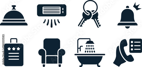 Diverse set of hotel amenity and guest service icons including a luggage tag and bathroom
