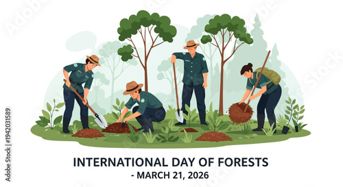 Two women in uniforms planting green saplings with shovels and trowels for reforestation, isolated on white.