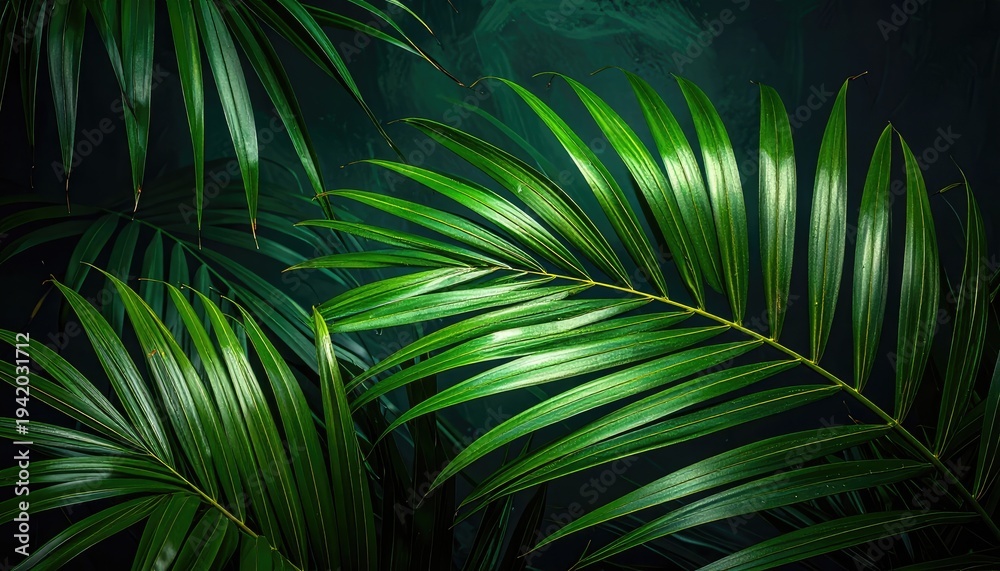 Obraz premium Lush, vibrant palm leaves create a dramatic and textured botanical display against a dark background.