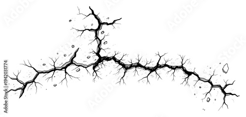 Hand drawn illustration of a deep jagged crack in a solid surface