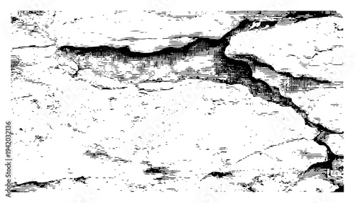 Distressed wall texture with deep cracks and artistic cross hatched shading