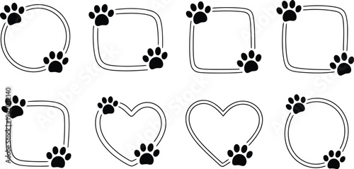 Eight adorable pet paw print frame designs in circles squares and heart shapes