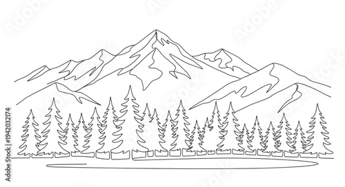 Scenic Mountain Landscape with Pine Trees and Snowy Peaks.