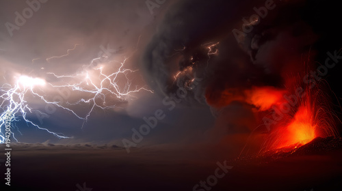 Wallpaper Mural futuristic poster featuring volcanic eruption, about life cycles of Earth, and idea poster for Earth Day and exploring geology of planet, dark sky lightning and volcano crater erupting lava Torontodigital.ca