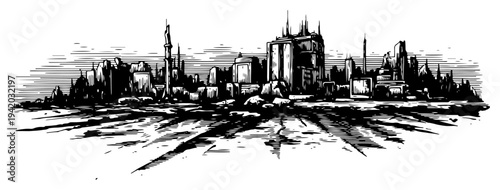 Futuristic sci-fi city skyline panorama with high contrast building silhouettes