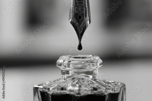 Elegant fountain pen dripping ink into a crystal inkwell, artistic and sophisticated, on a soft grey background, showcasing classic writing instruments.