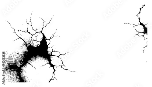 High contrast hand drawn illustration of a heavy impact crater with radial cracks