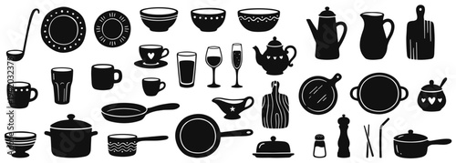 Kitchenware silhouettes showing plates, bowls, cups, pans, pots, teapot, kettle, cutting board, ladle, and seasoning tools for cooking and dining