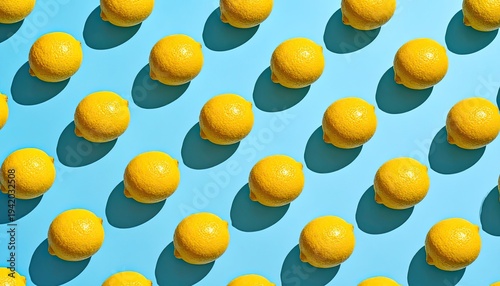Wallpaper Mural A vibrant, repeating pattern of bright yellow lemons is displayed against a soft blue background. Torontodigital.ca