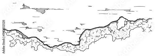 Minimalist landscape sketch of rocky ground and horizon with simple line art clouds