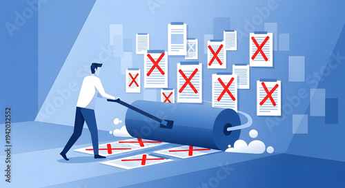 Businessman rolling up rejected documents.