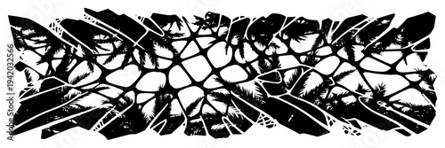 High contrast abstract pattern with cracked texture and tropical palm tree silhouettes