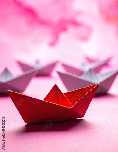 Wallpaper Mural A vibrant red origami boat takes center stage against a soft pink background, surrounded by a fleet of smaller, gray paper boats, creating a playful and artistic composition. Torontodigital.ca