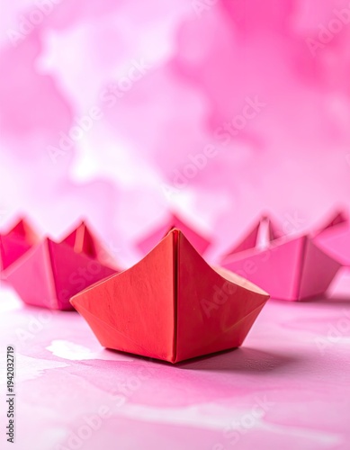 Wallpaper Mural A close-up shot showcases a row of vibrant pink origami boats against a blurred pink background, evoking a sense of childhood creativity and playful exploration. Torontodigital.ca