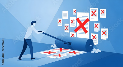 Businessman rolling up rejected documents checklist.