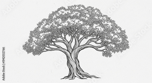 Detailed Illustration of a Large Tree with Extensive Branches and Foliage.