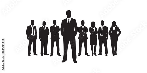 Prominent male business leader standing confidently forward surrounded by a dedicated team of silhouetted executives symbolizing corporate unity and powerful team dynamics.