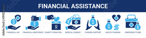 Financial Assistance web banner icon vector illustration concept with icons of financial aid, financial assistance, charity donation, medical subsidy, funding support, health funding, emergency funds.