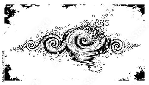 Swirling ocean waves and bubbles with grunge texture details
