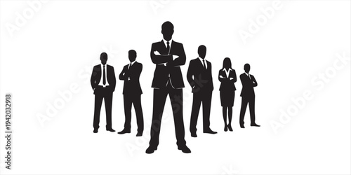 Silhouetted group of business professionals standing confidently against a white background