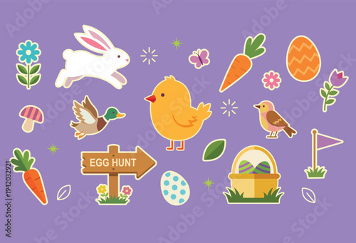 Easter collection set with Easter objects. Easter trendy elements. Concept of Easter, spring, holiday celebration.