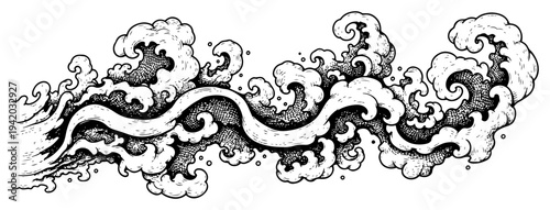 Japanese style vintage ocean waves flowing in horizontal composition