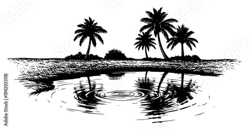 Tropical landscape sketch featuring palm trees reflecting in water