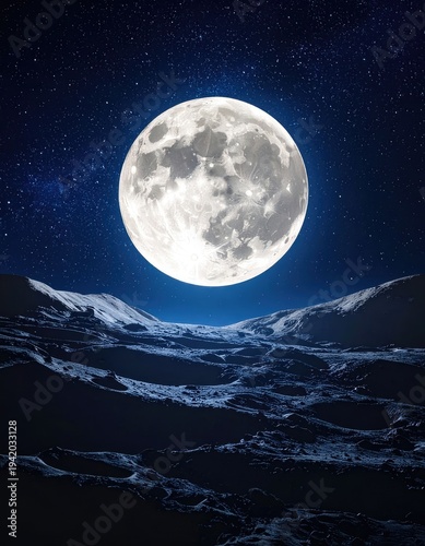 Wallpaper Mural A breathtaking view of a full moon dominating the night sky above a rugged, snow-covered mountain landscape, creating a serene and awe-inspiring scene. Torontodigital.ca