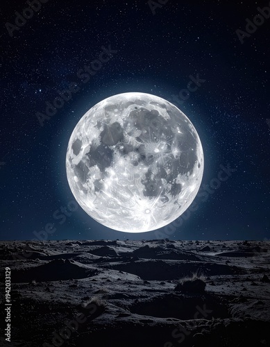 Wallpaper Mural A breathtaking view of a colossal full moon dominating a desolate, rocky landscape under a star-filled night sky, evoking a sense of wonder and cosmic vastness. Torontodigital.ca