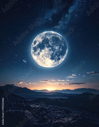 Wallpaper Mural A breathtaking view of a colossal moon dominating a mountainous landscape under a vibrant, star-filled night sky, evoking a sense of wonder and cosmic beauty. Torontodigital.ca