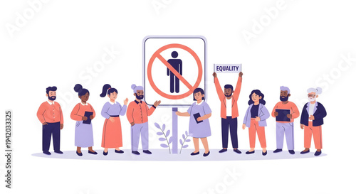 Diverse people protesting equality sign.