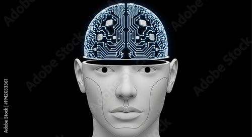 Futuristic Human Head with Digital Circuit Brain.