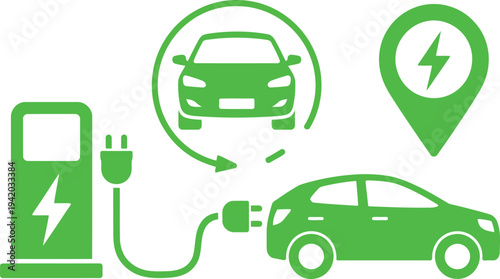 Green electric vehicle charging station icons with cars and a location pin on a white background