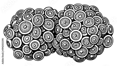 Detailed hand drawn illustration of a dense cluster of organic biological cells