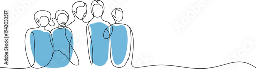 Group of five diverse human figures depicted in a single continuous line sketch