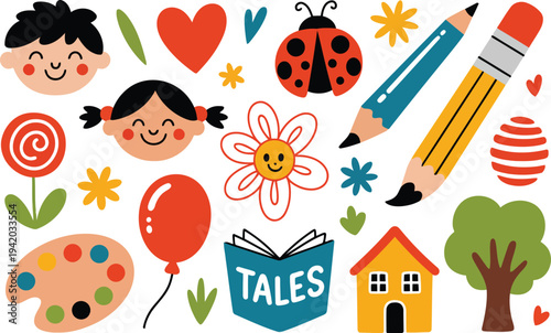 Happy collection of children themed items with smiling faces art tools and story elements
